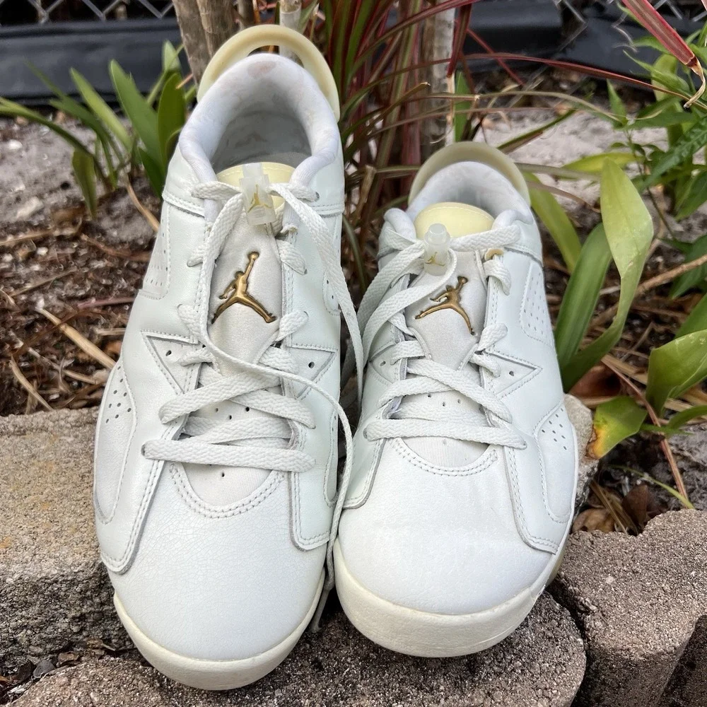 Nike Air Jordan 6 Retro Mens Size 9.5 White Gold Athletic Leather Shoes Sneakers